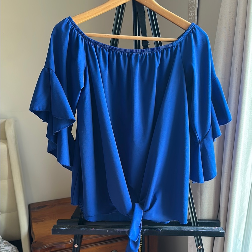 Blue Flutter Sleeve Tie Front Blouse